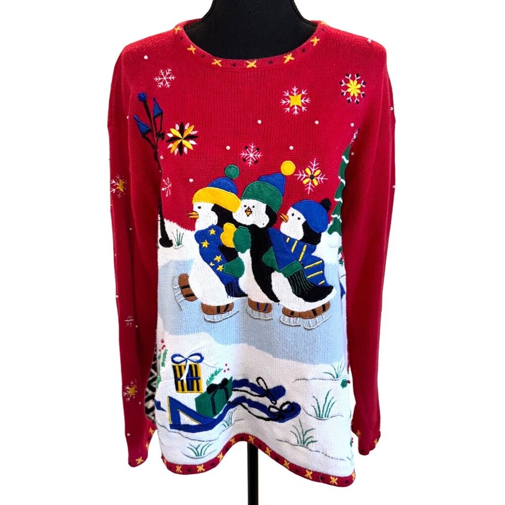 Designers Originals Studio L Red Ugly Christmas Holiday Sweater Skating Penguins